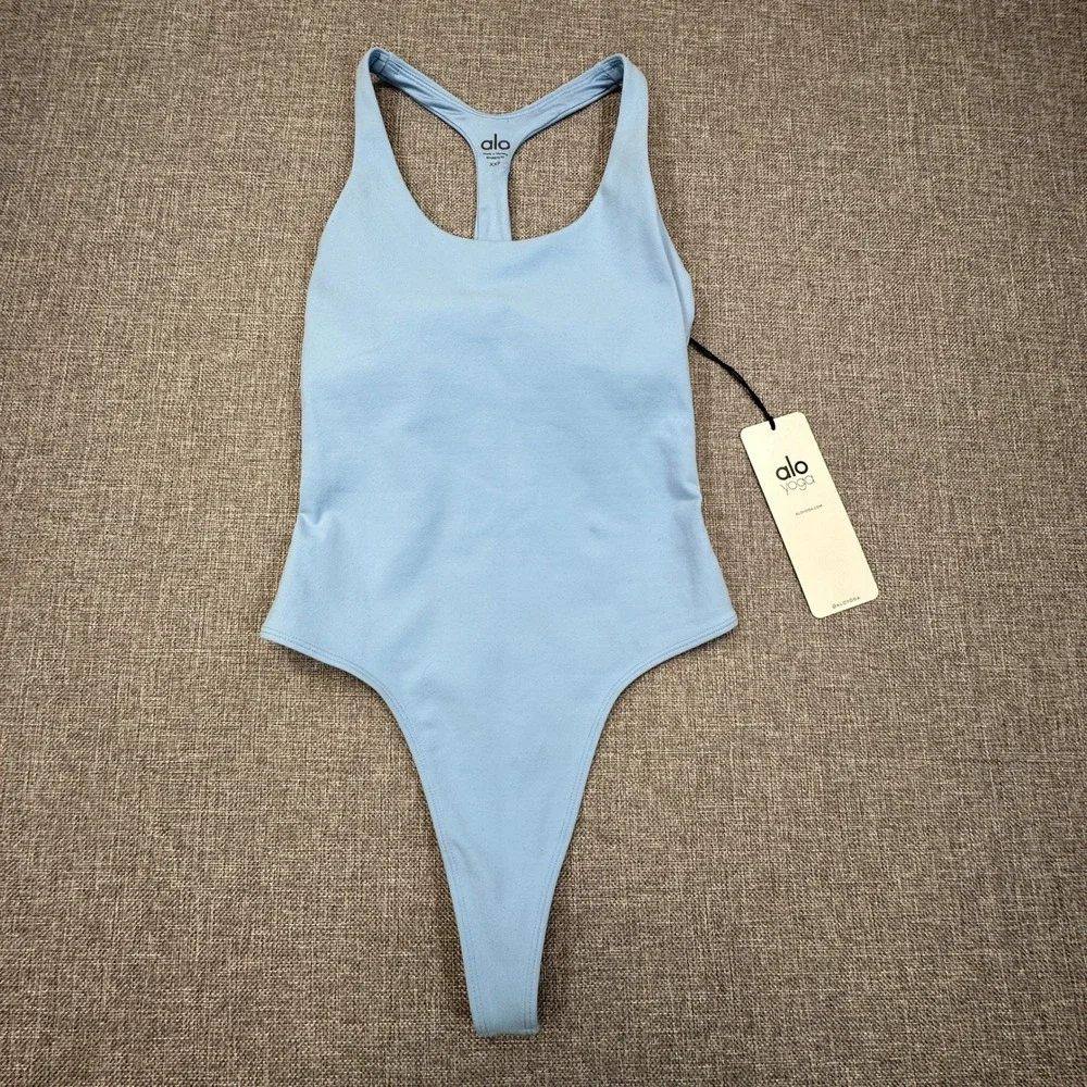 Alo Yoga Sleek Back Bodysuit Womens Size XXS Tile Blue T-Back Thong Stretch NEW‎
